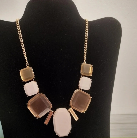 Signed Tan/Taupe Chunky Fashion Statement Gold Tone Necklace 18" - Picture 1 of 9